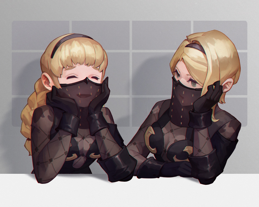 2girls black_gloves black_hairband blonde_hair closed_eyes commentary_request gloves green_eyes hairband hands_on_own_face jiro_(ninetysix) long_hair medium_hair mouth_veil multiple_girls nier:automata nier_(series) open_mouth operator_21o operator_6o see-through smile upper_body veil