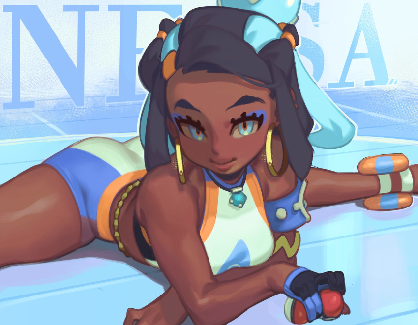 aqua_eyes aqua_hair armband armlet ass belly_chain bikini black_hair blue_eyeshadow breasts character_name crop_top crossed_arms dark-skinned_female dark_skin earrings eyeshadow female flexible forehead gloss_(hotglossed) gloves hair_bun hair_ornament highres holding holding_poke_ball hoop_earrings jewelry lips looking_at_viewer lying makeup medium_breasts multicolored_hair necklace nessa_(pokemon) on_stomach poke_ball poke_ball_(basic) pokemon pokemon_swsh single_glove single_hair_bun solo split straddle_split streaked_hair swimsuit tankini two-tone_hair