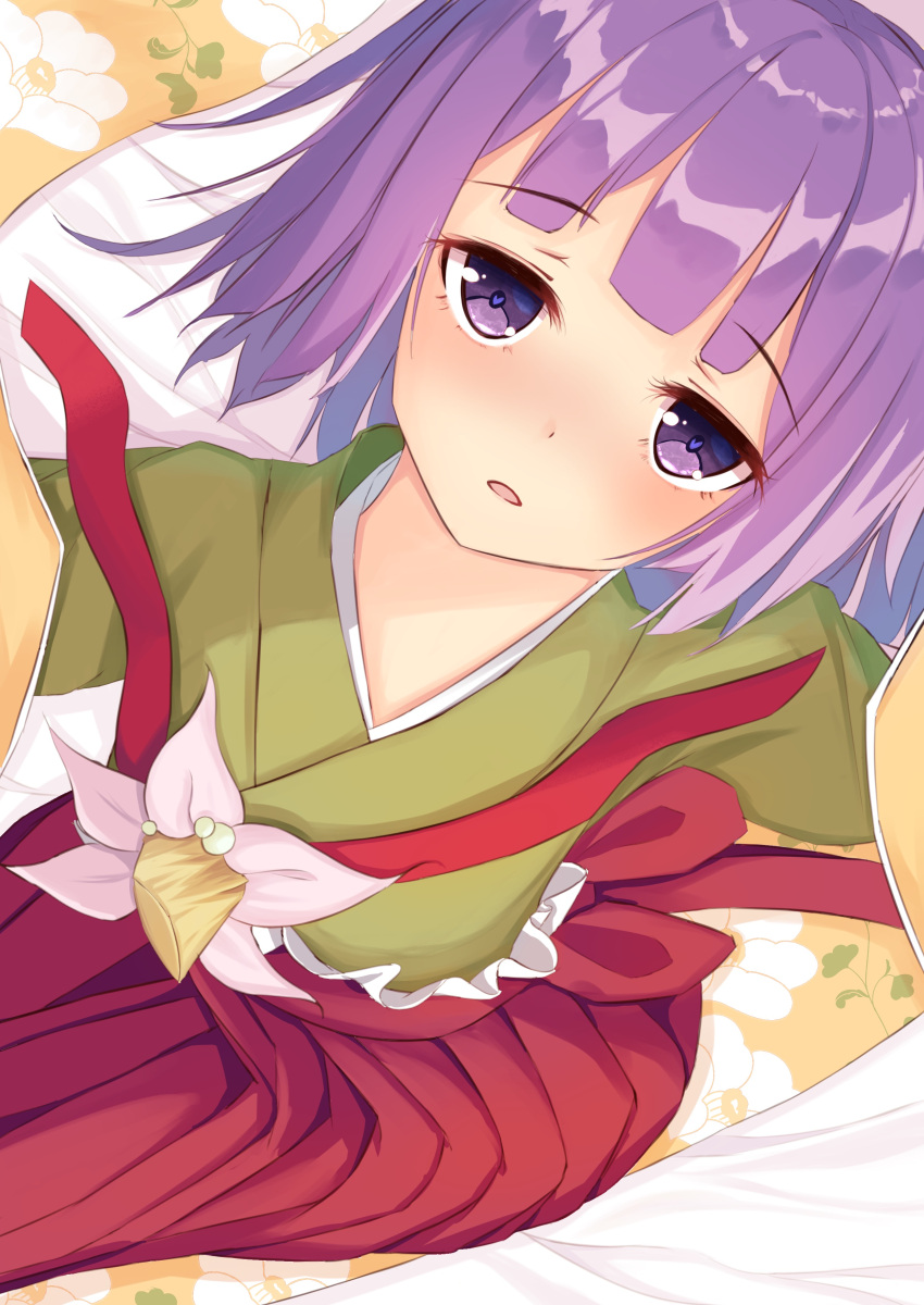 absurdres aqpaca blunt_bangs blush female floral_print from_above hieda_no_akyuu highres japanese_clothes ke-ta_(style) kimono looking_at_viewer lying nose_blush on_back open_mouth purple_eyes purple_hair short_hair solo touhou