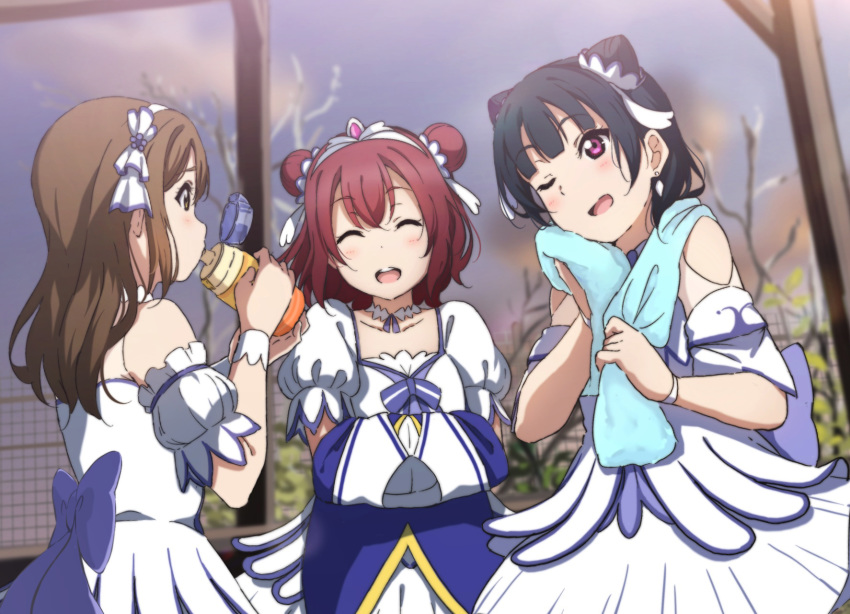 3girls ;d bad_id bad_pixiv_id blush bottle brightest_melody brown_hair closed_eyes cloud collarbone double_bun drinking hair_bun hair_ornament headband highres icehotmilktea kunikida_hanamaru kurosawa_ruby long_hair looking_at_another love_live! love_live!_sunshine!! multiple_girls one_eye_closed open_mouth purple_eyes short_hair sky smile towel towel_around_neck tsushima_yoshiko water_bottle yellow_eyes