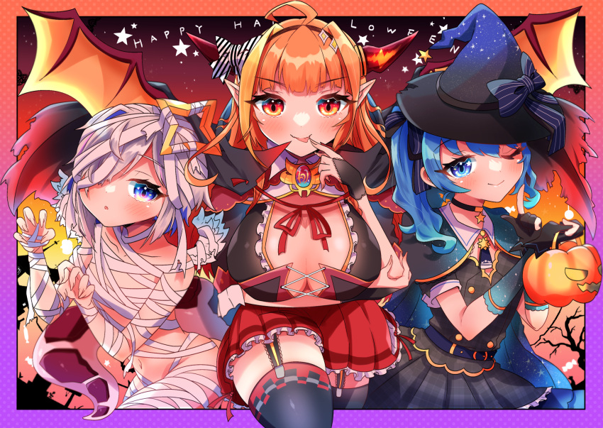 3girls alternate_costume amane_kanata angel angel_wings arm_under_breasts bandages black_gloves blonde_hair blue_eyes blue_hair bow breasts cape claw_pose cleavage diagonal-striped_bow diagonal_stripes doukyo's dragon_girl dragon_horns dragon_tail dragon_wings feathered_wings fingerless_gloves flat_chest gloves grey_hair halloween halo happy_halloween hat highres hololive horn_bow horn_ornament horns hoshimachi_suisei kiryu_coco large_breasts looking_at_viewer multicolored_hair multiple_girls mummy_costume naked_bandage orange_eyes orange_hair pointy_ears red_skirt sakuramochi_(sakura_frappe) scales side_ponytail skirt star_(symbol) starry_sky_print streaked_hair striped striped_bow symmetry tail virtual_youtuber wings witch witch_hat