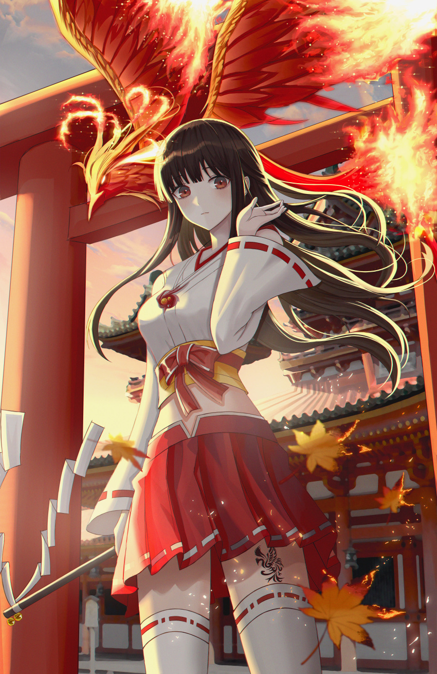 absurdres bad_id bad_pixiv_id belt black_hair female fire gohei highres holding japanese_clothes leaf long_hair looking_at_viewer maple_leaf miko original poise red_eyes ribbon shrine skirt solo standing suzaku temple torii white_legwear