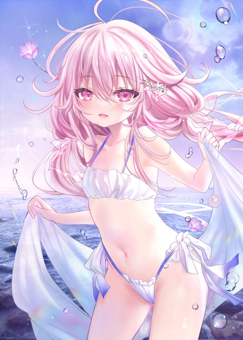 :d absurdres bare_arms bare_shoulders bikini blue_sky blush breasts cloud collarbone commentary day female flower frilled_bikini frills hair_between_eyes hair_flower hair_ornament highleg highleg_bikini highres holding horizon long_hair low_twintails navel ocean open_mouth original outdoors pink_eyes pink_flower pink_hair shiodome_oji sky small_breasts smile solo swimsuit symbol-only_commentary twintails very_long_hair water water_drop white_bikini white_flower youjo_milk