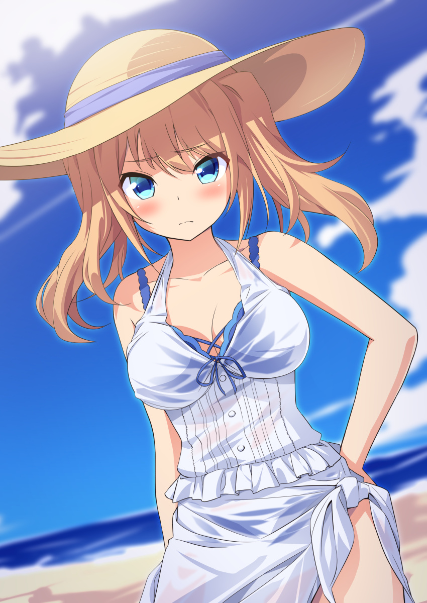 absurdres aya_(project_tokyo_dolls) bare_arms bare_shoulders beach bikini bikini_under_clothes blonde_hair blue_bikini blue_eyes blue_sky blurry blurry_background blush breasts brown_hat cleavage closed_mouth cloud collarbone commentary_request commission day depth_of_field dress dutch_angle female frilled_dress frills hair_between_eyes halterneck hand_on_own_hip hat highres horizon looking_at_viewer medium_breasts ocean outdoors project_tokyo_dolls sand see-through skeb_commission sky solo sun_hat swimsuit tied_dress twintails ugume water wet wet_clothes wet_dress white_dress