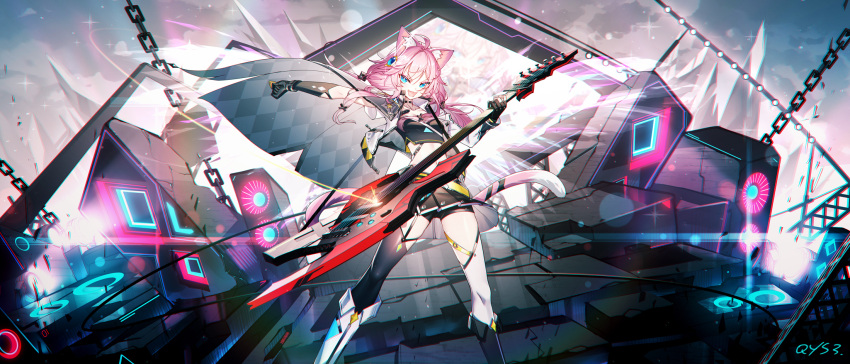 ahoge animal_ear_fluff animal_ears asymmetrical_legwear asymmetrical_sleeves black_gloves blue_eyes breasts cape cat_ears cat_tail electric_guitar female garter_straps gloves guitar hair_ornament highres holding holding_instrument indie_virtual_youtuber instrument jacket long_hair looking_at_viewer low_twintails midriff mismatched_legwear open_clothes open_jacket open_mouth pink_hair pleated_skirt plectrum qys3 sakurada_hane shorts shorts_under_skirt skirt small_breasts solo tail thighhighs twintails virtual_youtuber