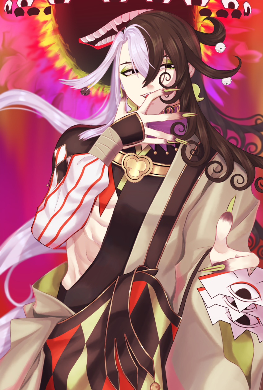 1boy akimitsu-dono ashiya_douman_(fate) asymmetrical_clothes asymmetrical_hair bell black_eyes black_hair cowboy_shot curly_hair earrings eyeshadow fangs fate/grand_order fate_(series) finger_to_own_chin fingernails green_eyeshadow green_kimono green_lips green_nails hadanugi_dousa hair_bell hair_between_eyes hair_intakes hair_ornament highres japanese_clothes jewelry kimono lipstick long_hair magatama magatama_earrings makeup male_focus multicolored_hair open_clothes open_kimono ribbed_sleeves sharp_fingernails shikigami solo split-color_hair toned toned_male two-tone_hair unagi_08212323 very_long_fingernails very_long_hair white_hair