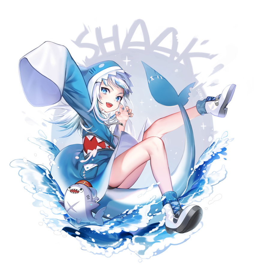 absurdres animal_hood bloop_(gawr_gura) blue_eyes blue_jacket blue_nails female fingernails fins fish_tail full_body gawr_gura gawr_gura_(1st_costume) grey_hair hansum highres hololive hololive_english hood hooded_jacket jacket legs long_sleeves looking_at_viewer multicolored_hair nail_polish open_mouth shark_girl shark_hood shark_tail sharp_teeth shoes short_hair sleeves_past_fingers sleeves_past_wrists smile tail teeth two-tone_hair upper_teeth_only virtual_youtuber white_footwear