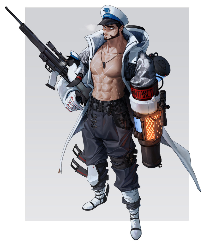 1boy abs bara bare_pectorals beard bird black_pants border coat facial_hair full_body gloves glowing grey_background gun h&k_psg1 hat highres holding holding_gun holding_weapon jewelry male_focus muscular muscular_male navel necklace nipples open_clothes open_coat original pants pectorals penguin rifle rinotuna scar simple_background sniper_rifle solo standing thick_eyebrows weapon white_border white_eyes white_gloves white_hat