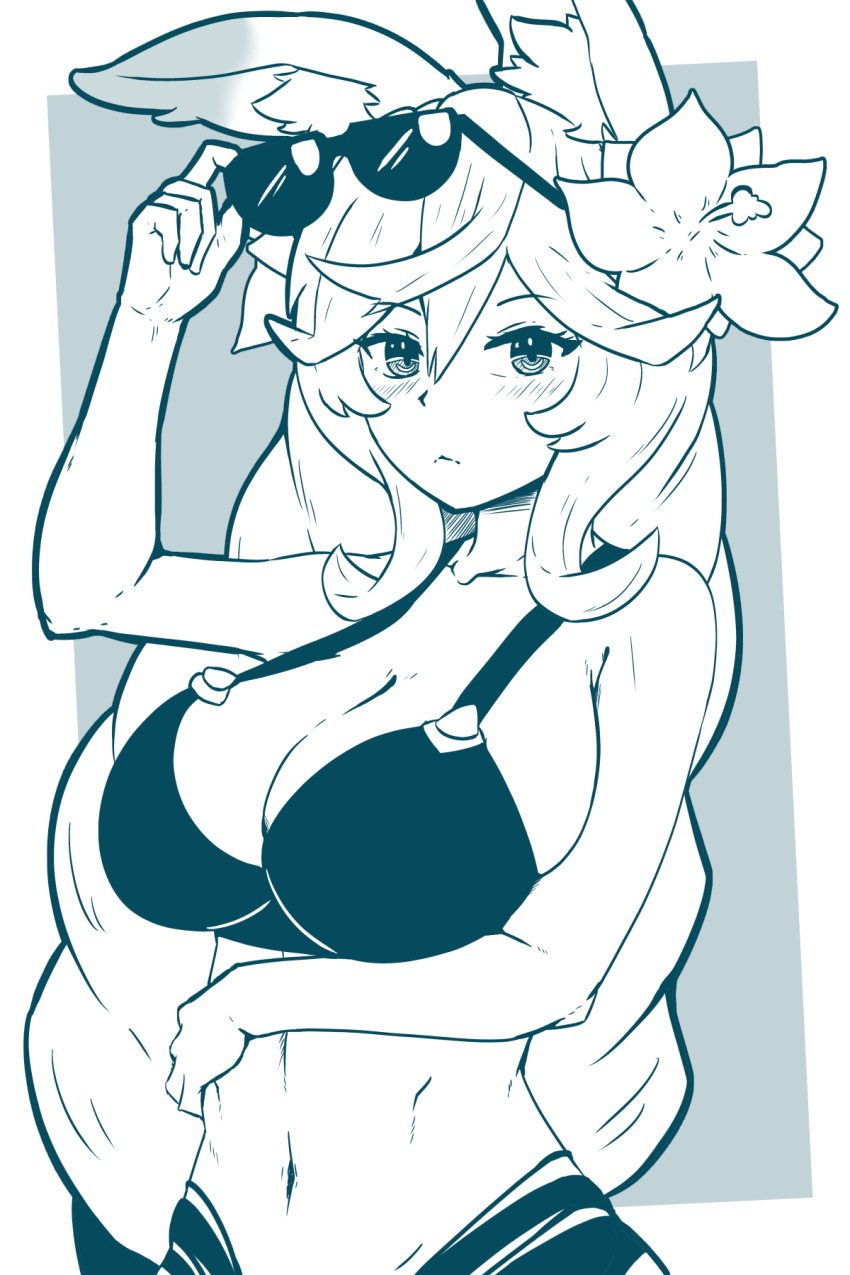 :< alternate_costume animal_ears arm_under_breasts bikini black_bikini blush breasts cleo_(dragalia_lost) dragalia_lost eyewear_on_head female flower greyscale hair_between_eyes hair_flower hair_ornament hexelsafe highres holding holding_removed_eyewear large_breasts looking_at_viewer monochrome navel rabbit_ears solo swimsuit unworn_eyewear