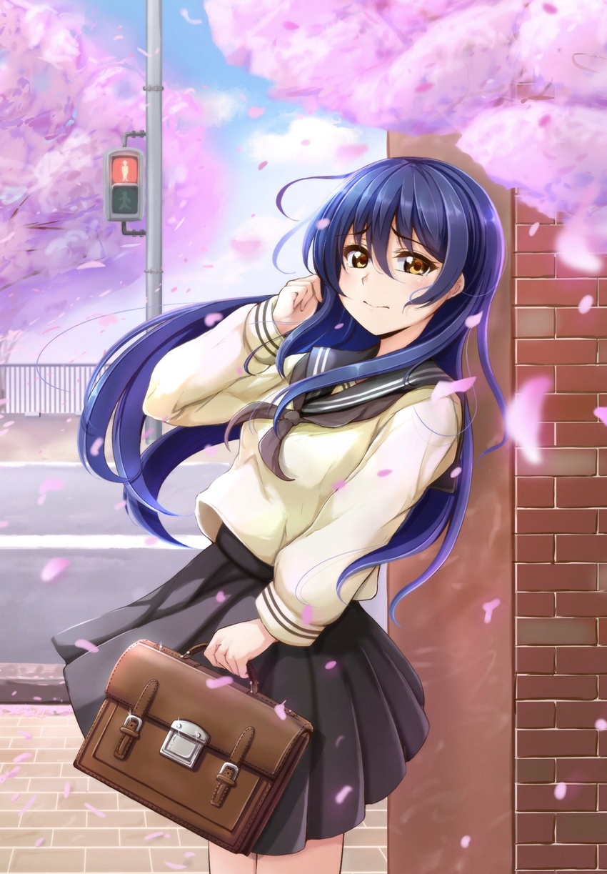 arm_up bag blue_hair ca_ba_ya_ki cherry_blossoms commentary_request female hair_between_eyes highres holding holding_bag long_hair long_sleeves looking_at_viewer love_live! love_live!_school_idol_project neckerchief outdoors petals sailor_collar school_uniform serafuku solo sonoda_umi wind yellow_eyes