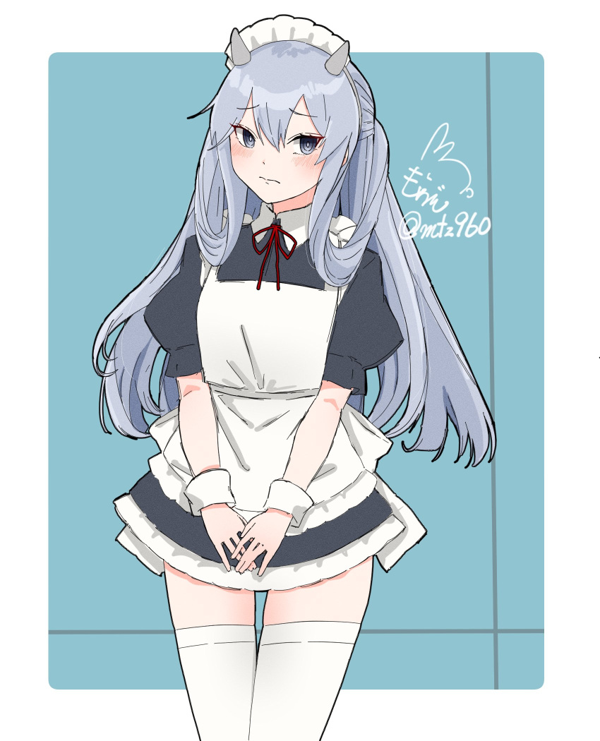 alternate_costume apron artist_logo blue_background border commentary_request cowboy_shot dated enmaided female frilled_apron frills highres i-203_(kancolle) kantai_collection looking_at_viewer maid maid_apron maid_headdress mochizou one-hour_drawing_challenge solo standing thigh_gap thighhighs two-tone_background v_arms white_apron white_border white_thighhighs wrist_cuffs zettai_ryouiki