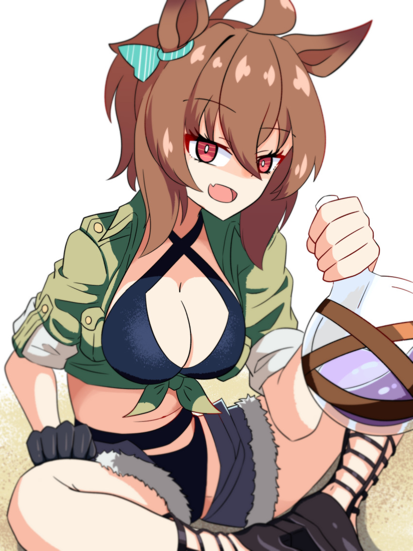 absurdres agnes_tachyon_(lunatic_lab)_(umamusume) agnes_tachyon_(umamusume) ahoge akkunz animal_ears arm_support belt bikini black_bikini black_gloves breasts brown_hair caustics cleavage commentary_request criss-cross_halter cutoffs denim denim_shorts female flask full_body gloves green_jacket halterneck highres holding holding_flask horse_ears horse_girl horse_tail jacket knee_up looking_at_viewer medium_breasts navel on_ground open_clothes open_fly open_mouth open_shorts pouch red_eyes round-bottom_flask sandals short_hair short_shorts shorts single_glove sitting smile solo swimsuit tail tied_jacket torn_clothes torn_shorts umamusume