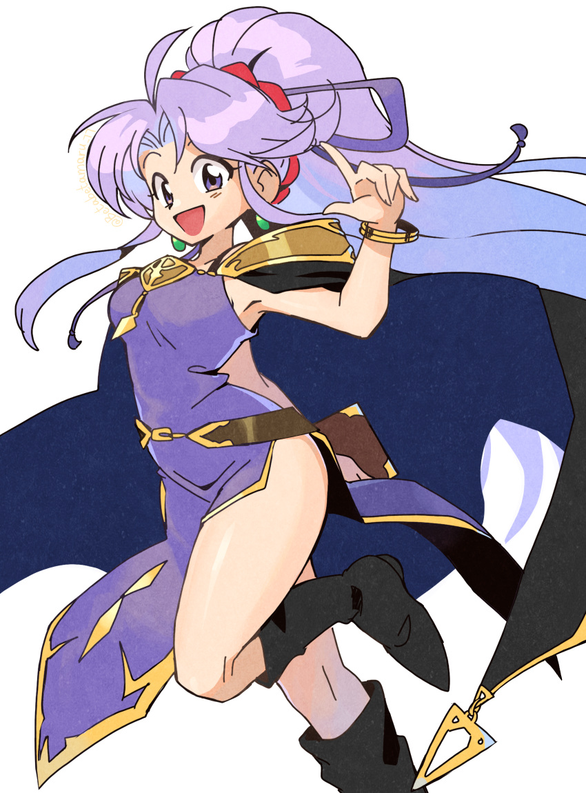 :d betabetamaru black_footwear boots commentary_request dress earrings female fire_emblem fire_emblem:_genealogy_of_the_holy_war glowing highres jewelry leg_up looking_at_viewer open_mouth pelvic_curtain purple_dress purple_eyes purple_hair side_slit simple_background sleeveless sleeveless_dress smile solo tailtiu_(fire_emblem) white_background