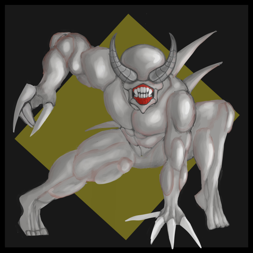 1:1 2023 2_horns 4_fingers 4_toes abs back_spikes bald black_border border claws colored eyeless fangs fear_and_hunger featureless_crotch feet finger_claws fingers glistening glistening_body grey_background hand_on_ground hi_res horn humanoid kneeling lipless looking_at_viewer male monster monstrous_humanoid muscular muscular_humanoid muscular_male night_lurch nude pale_skin pointy_chin pose shaded simple_background solo spikes spikes_(anatomy) square tan_horn tan_spikes teeth toes vicious_fiend white_claws