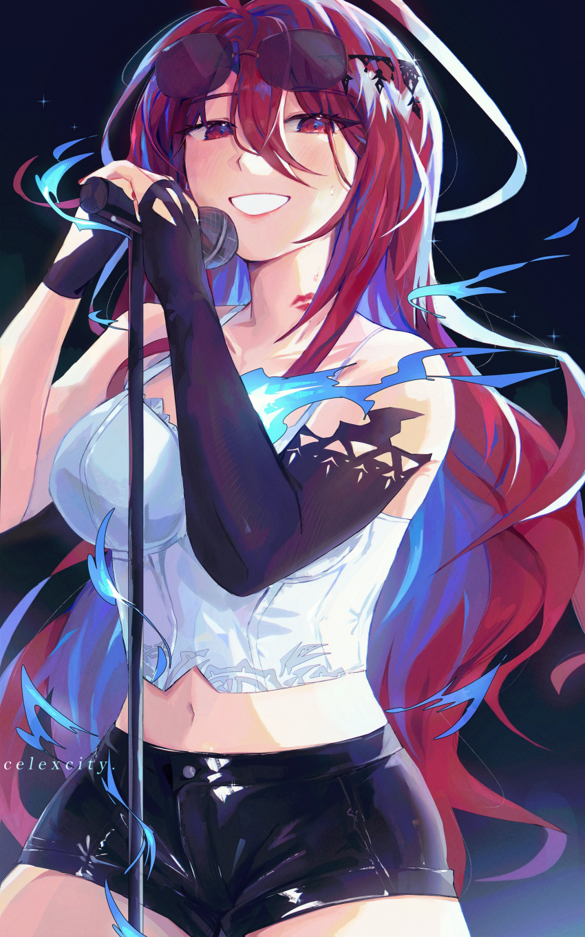 absurdres ahoge blue_fire blue_hair blush breasts celexcity colored_inner_hair elizabeth_rose_bloodflame female fire highres holding holding_microphone hololive hololive_english huge_ahoge large_breasts lipstick_mark long_hair looking_at_viewer microphone multicolored_hair music open_mouth red_eyes red_hair singing smile solo very_long_hair virtual_youtuber