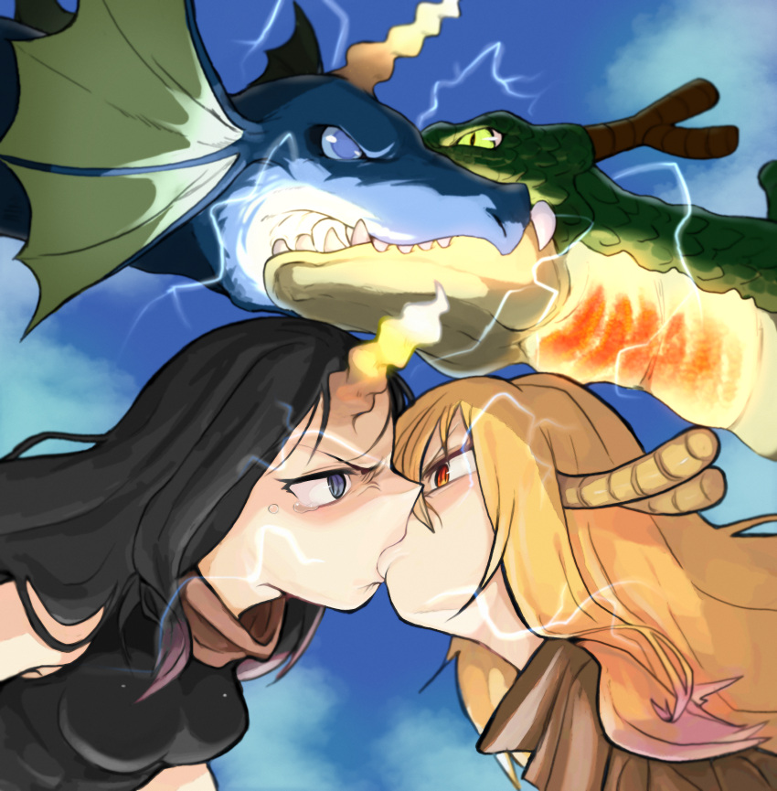 angry animal_humanoid aquatic_dragon aquatic_dragon_humanoid black_hair blonde_hair blue_body blue_eyes bodily_fluids breasts burnable_garbage dragon dragon_humanoid duo ear_fins electricity elemental_manipulation elma_(dragon_maid) european_mythology fangs female female/female fin green_body hair hi_res horn horned_humanoid humanoid kissing lightning marine marine_humanoid membrane_(anatomy) membranous_wings miss_kobayashi's_dragon_maid mythological_creature mythological_scalie mythology pupils red_eyes scalie scalie_humanoid sky slit_pupils tears teeth tohru_(dragon_maid) western_dragon western_dragon_humanoid wings yellow_eyes