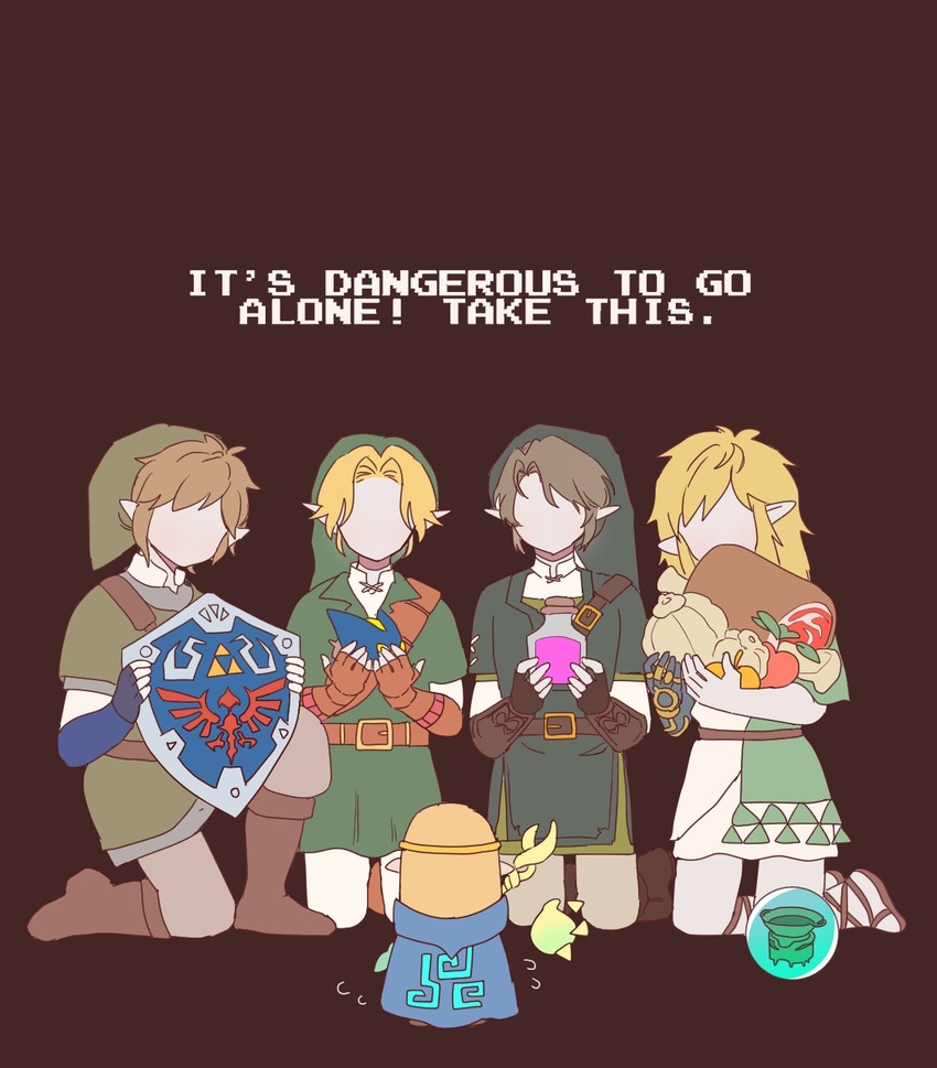 4boys apple blonde_hair bombchu brown_hair chibi cloak female food fruit glass_bottle gourd green_tunic highres holding holding_shield in-franchise_crossover link mage_staff meat multiple_boys multiple_persona pointy_ears princess_zelda seusojeldaleul-wihaejug-eum shield staff the_legend_of_zelda the_legend_of_zelda:_echoes_of_wisdom the_legend_of_zelda:_ocarina_of_time the_legend_of_zelda:_skyward_sword the_legend_of_zelda:_tears_of_the_kingdom the_legend_of_zelda:_twilight_princess tri_(zelda) tri_rod zonai_device