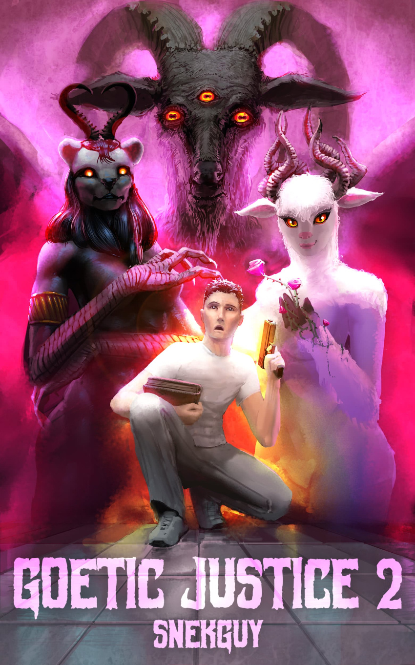 absurd_res anthro book bovid caprine felid female glowing glowing_eyes goat group gun hi_res horn human lion male mammal meandraco novel_cover pantherine ranged_weapon rose_(disambiguation) snekguy weapon