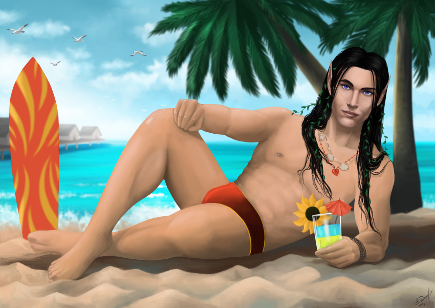 absurd_res alexandradane ambient_bird ambient_flier biped black_hair detailed_background elf feet hair hi_res humanoid humanoid_feet humanoid_pointy_ears long_ears long_hair male male_humanoid mammal muscular muscular_male plantigrade rest sea solo summer water