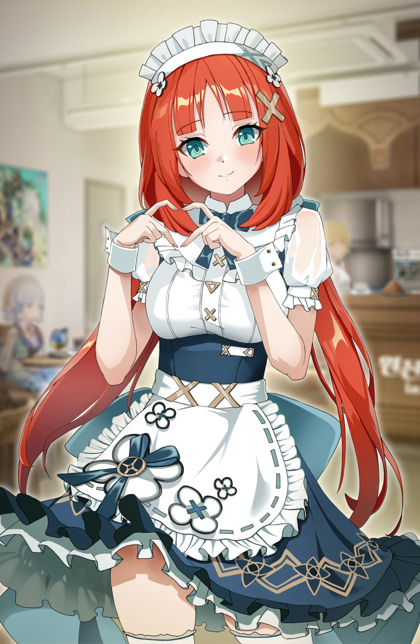 absurdres alternate_costume apron aqua_eyes blue_dress blurry blurry_background breasts commentary cosplay cowboy_shot domodomo0708 dress enmaided faruzan_(cafe)_(genshin_impact) faruzan_(genshin_impact) faruzan_(genshin_impact)_(cosplay) female frilled_apron frilled_dress frilled_sleeves frills genshin_impact hair_ornament hands_up head_tilt heart heart_hands highres indoors kamisato_ayaka kamisato_ayaka_(springbloom_missive) light_blush long_hair looking_at_viewer lumine_(genshin_impact) maid maid_headdress medium_breasts nilou_(genshin_impact) parted_bangs patterned_clothing red_hair smile solo_focus thighs very_long_hair waist_apron white_apron white_sleeve_cuffs x_hair_ornament