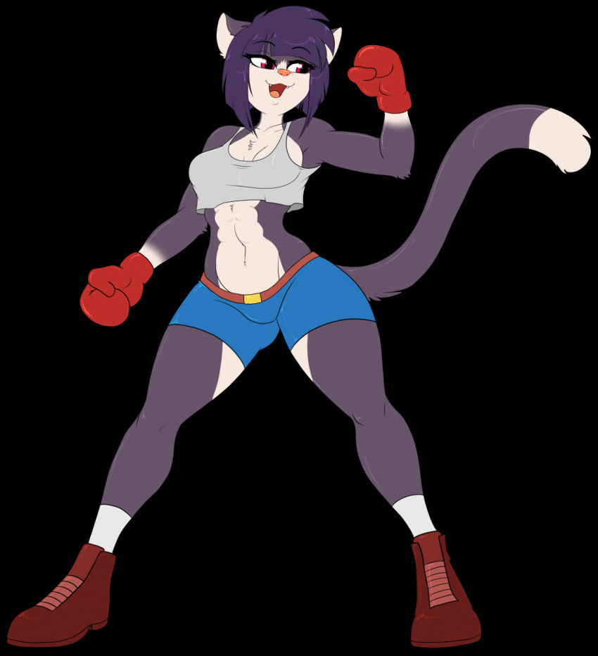 anthro black_background blue_body blue_fur blue_hair bottomwear boxing_gloves breasts clothed clothing dipstick_tail domestic_cat felid feline felis female fur hair handwear hi_res mammal markings midriff multicolored_tail navel open_mouth pink_nose red_eyes sesame_akane shirt shorts simple_background skidd solo tail tail_markings tank_top topwear uberquest