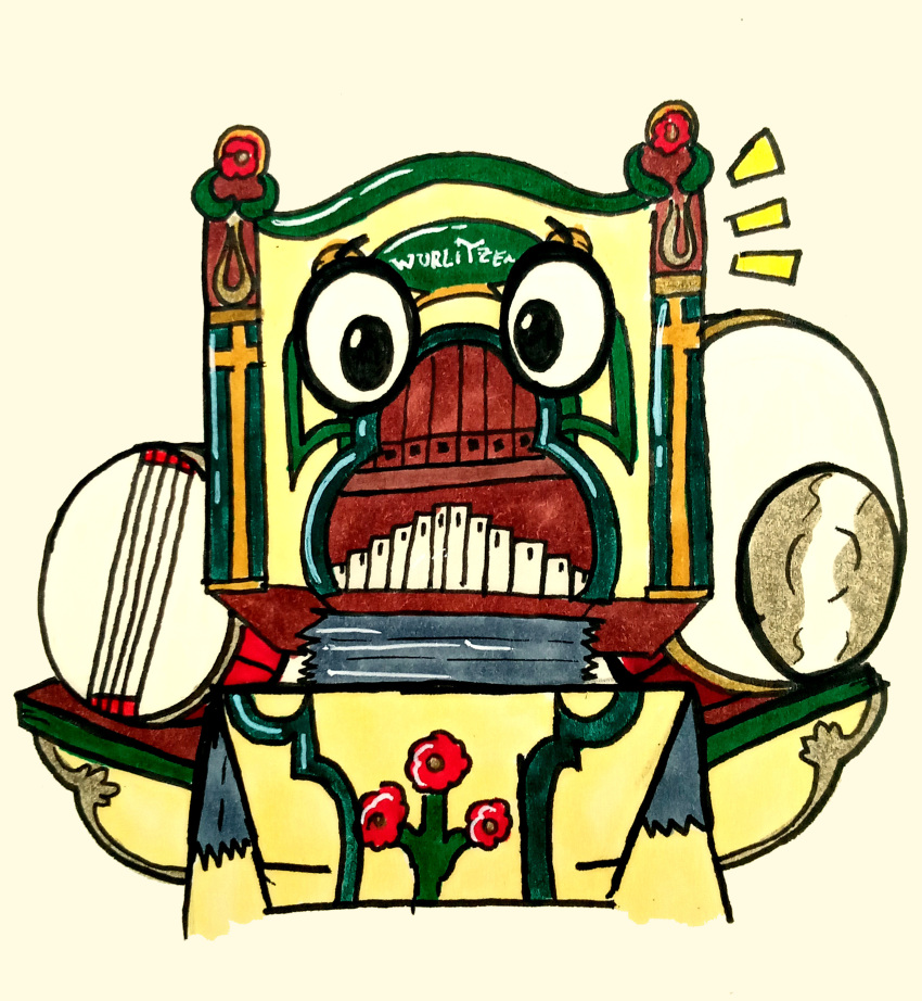 absurd_res amusement_ride animate_inanimate anthro carousel cymbals drum fairground_organ glury_the_unown hi_res humanoid keyboard_instrument living_machine machine male musical_instrument organ_(musical_instrument) percussion_instrument pipe_organ robot simple_background solo surprise traditional_media_(artwork) wind_instrument wurlitzer