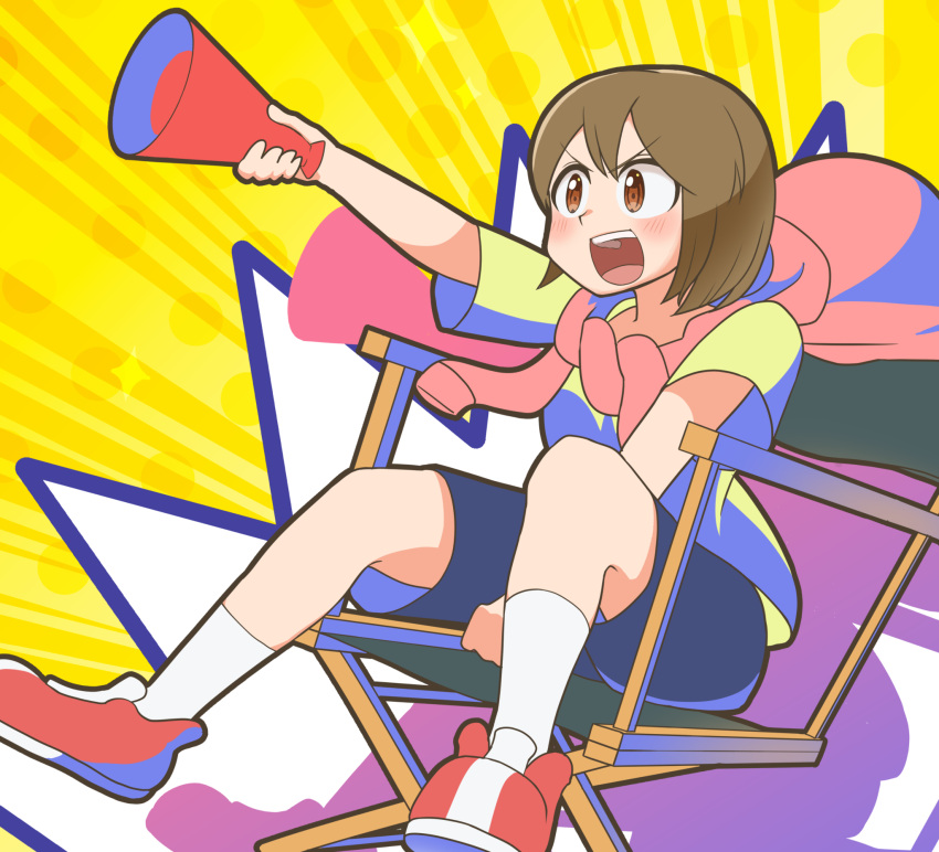 black_shorts brown_eyes brown_hair chair city_(arawi_keiichi) director's_chair female highres holding holding_megaphone looking_away megaphone niikura_(city) readybug red_footwear shoes short_hair shorts sitting sneakers socks teeth upper_teeth_only white_socks