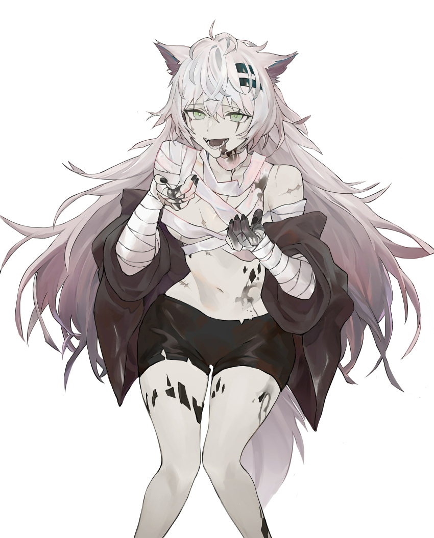 ahoge animal_ears arknights bandaged_arm bandages black_blood black_jacket black_shorts blood blood_from_mouth blood_on_face breasts cleavage commentary fangs female green_eyes grey_eyes hair_between_eyes hair_ornament hairclip highres jacket koio lappland_(arknights) long_hair looking_at_viewer material_growth medium_breasts messy_hair midriff navel off_shoulder open_mouth oripathy_lesion_(arknights) pale_skin scar scar_across_eye scar_on_face short_shorts shorts simple_background smile solo tail white_background wolf_ears wolf_tail