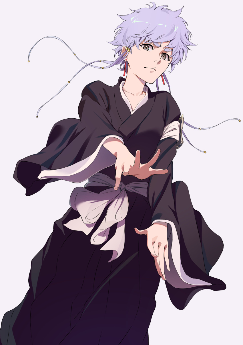 black_kimono bleach closed_mouth collarbone earrings female grey_eyes grey_hair highres ibaraki_shun japanese_clothes jewelry kimono kotetsu_isane long_sleeves looking_at_viewer short_hair_with_long_locks sidelocks simple_background solo white_background wide_sleeves