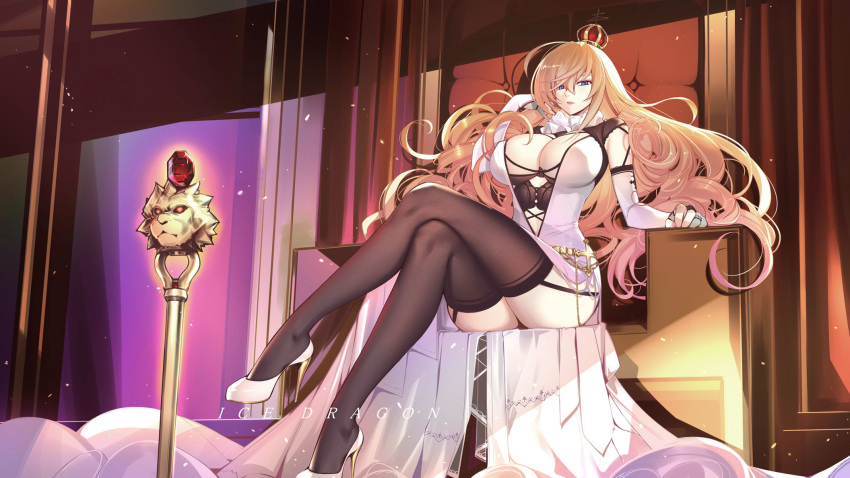 black_thighhighs blonde_hair blue_eyes breasts crown detached_sleeves dress female garter_straps high_heels highres ice_dragon_(artist) large_breasts lion_(warship_girls_r) long_hair sitting solo thighhighs throne very_long_hair warship_girls_r white_dress white_footwear white_sleeves