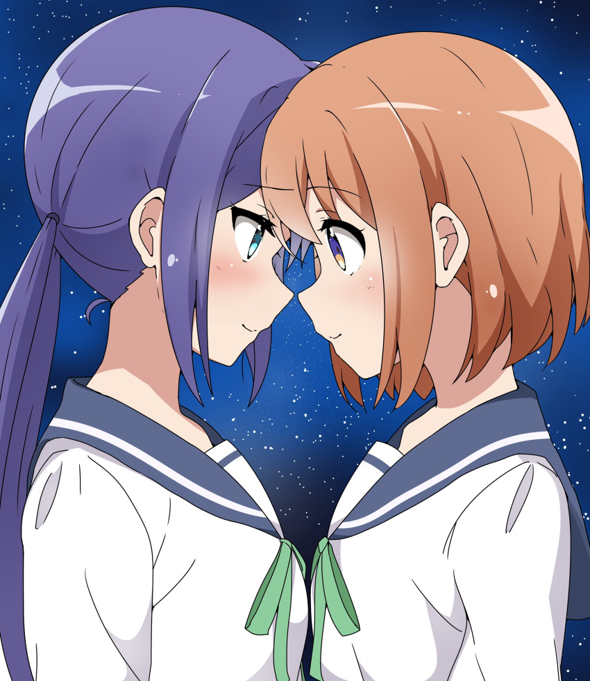 2girls aqua_eyes blue_hair blue_sailor_collar closed_mouth commentary_request eye_contact face-to-face forehead-to-forehead green_neckwear heads_together highres koisuru_asteroid konohata_mira long_hair long_sleeves looking_at_another manaka_ao multiple_girls night night_sky orange_hair purple_eyes riyo_(aokiwazumi) sailor_collar school_uniform serafuku shirt short_hair sidelocks sky smile star_(sky) starry_sky twintails upper_body white_shirt yuri