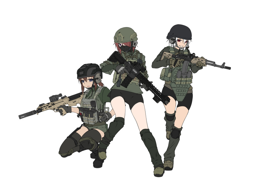 3girls ak-47 armedshipyard assault_rifle bike_shorts black_legwear black_shorts blue_eyes body_armor boots brown_hair bullpup desert_tech_mdr escape_from_tarkov full_body gloves green_gloves green_shirt gun hair_over_one_eye headset helmet highres holding holding_weapon kalashnikov_rifle knee_pads load_bearing_vest lvoa-c m4_carbine magazine_(weapon) mask medium_hair mouth_mask multiple_girls original purple_eyes red_eyes rifle shirt shoes shorts simple_background smile socks teeth thighhighs weapon white_background white_hair