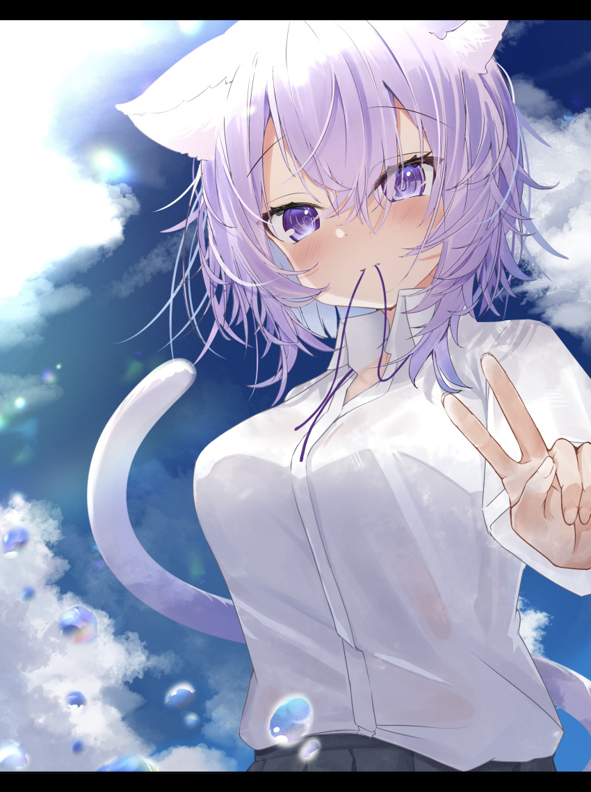 absurdres animal_ears blue_hair blush breasts cat_ears cat_girl cat_tail collarbone female hair_between_eyes highres hololive long_sleeves medium_breasts medium_hair mouth_hold neck_ribbon_removed nekomata_okayu purple_eyes purple_hair purple_ribbon reine_(reineko6) ribbon see-through shirt sky solo tail upper_body v virtual_youtuber water_drop white_shirt