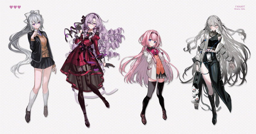 4girls absurdres black_footwear black_gloves black_hairband black_jacket black_skirt black_thighhighs blazer boots bow brown_cardigan cardigan crop_top dress drill_hair gloves gradient_hair grey_hair hairband hairbow half_gloves heart highres higuchi_kaede higuchi_kaede_(1st_costume) hyakumantenbara_salome hyakumantenbara_salome_(1st_costume) jacket light_purple_hair loafers long_hair low_twintails multicolored_hair multiple_girls nana_tetra nijisanji open_clothes open_jacket orange_cardigan parted_bangs pink_hair pleated_skirt purple_eyes purple_hair red_dress shoes side_slit skirt smile socks sophia_valentine sophia_valentine_(1st_costume) suo_sango suo_sango_(1st_costume) thigh_strap thighhighs twintails virtual_youtuber white_bow white_jacket white_socks