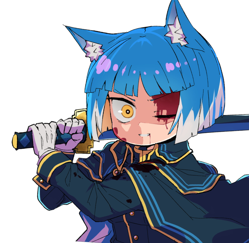 animal_ear_fluff animal_ears asagi_(bombergirl) blood blood_on_clothes blood_on_face blue_hair bombergirl buttons cape colored_inner_hair female gloves highres holding holding_sword holding_weapon katana long_sleeves looking_at_viewer multicolored_hair one_eye_closed orange_hair sasaki_rindou short_hair simple_background smile solo sword turtleneck upper_body weapon white_background white_gloves white_hair wolf_ears wolf_girl yellow_eyes