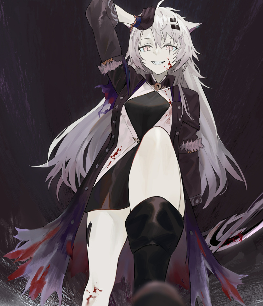 animal_ears arknights bare_legs black_background black_coat black_dress black_footwear black_gloves blood blood_on_clothes blood_on_face boots breasts coat commentary cowboy_shot dress fangs female gloves grin hair_between_eyes hand_on_own_head highres koio lappland_(arknights) lappland_(refined_horrormare)_(arknights) long_hair looking_at_viewer material_growth medium_breasts official_alternate_costume open_clothes open_coat oripathy_lesion_(arknights) pale_skin pink_eyes short_dress simple_background smile solo sword thighs torn_clothes torn_coat weapon white_hair wolf_ears