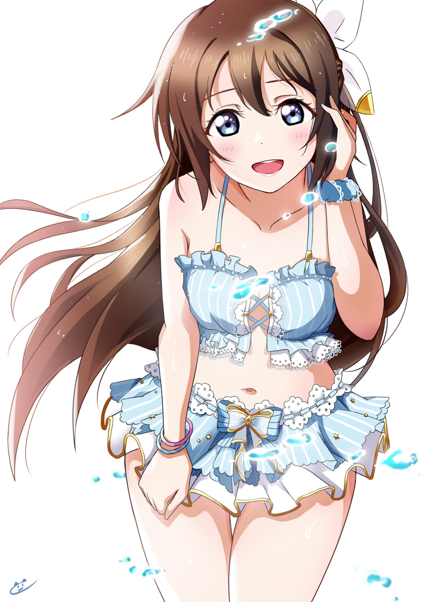 bikini blue_bikini blue_eyes blush bow breasts brown_hair collarbone cross-laced_bikini cross-laced_clothes female hair_between_eyes hairbow half_updo highres i_cannot_afford_to_slip_here!_(love_live!) long_hair looking_at_viewer love_live! love_live!_nijigasaki_high_school_idol_club love_live!_school_idol_festival_all_stars medium_breasts navel official_alternate_costume open_mouth osaka_shizuku ponytail sidelocks simonkhoy19 smile solo swimsuit white_bow