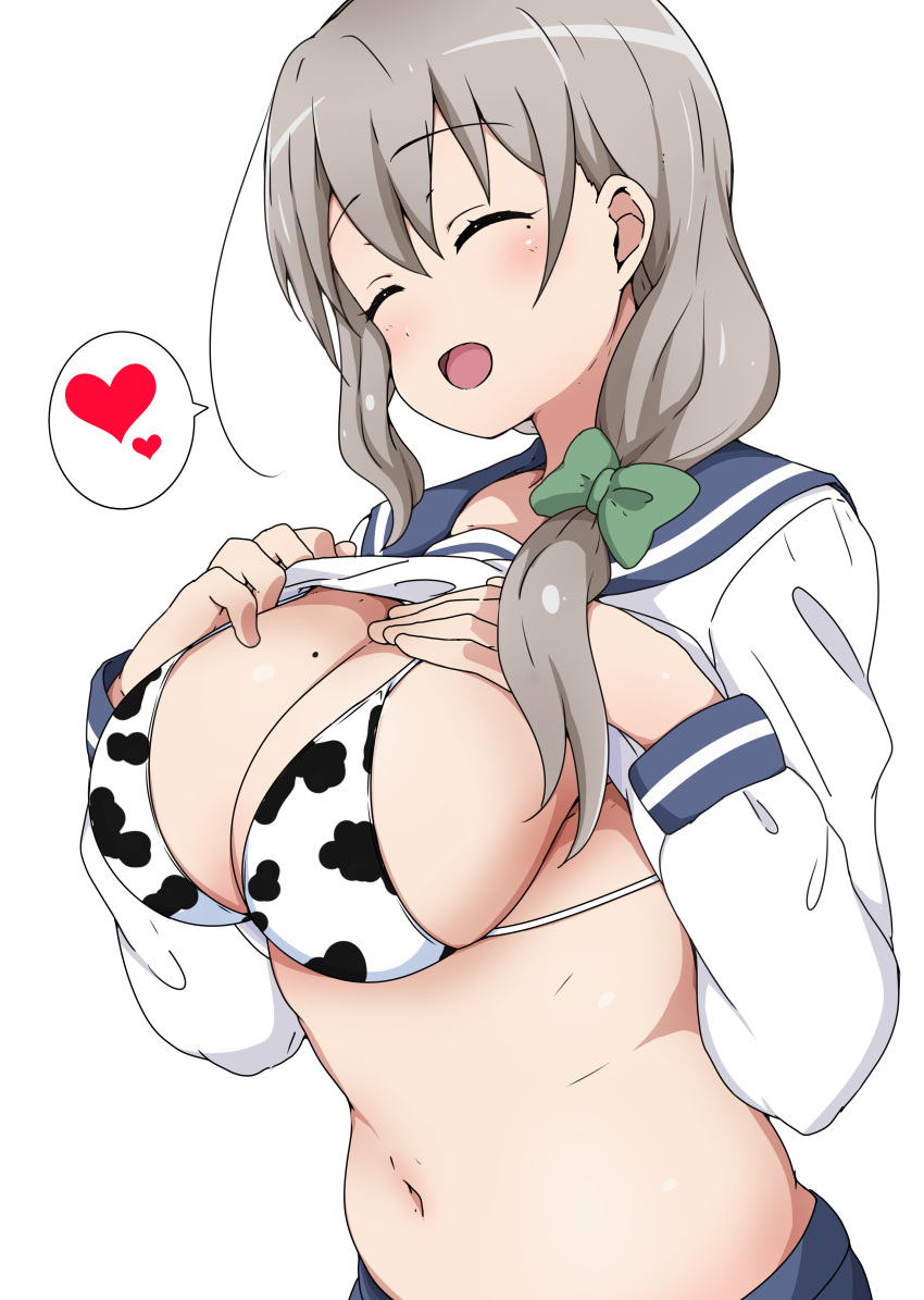 :d absurdres animal_print blue_sailor_collar blue_skirt bow bra breasts cleavage closed_eyes clothes_lift cow_print female hairbow heart highres koisuru_asteroid large_breasts lifting_own_clothes mole mole_on_breast morino_mari navel open_mouth print_bra riyo_(aokiwazumi) sailor_collar school_uniform serafuku shirt shirt_lift side_ponytail sideboob sidelocks simple_background skirt smile solo spoken_heart standing underwear uniform upper_body white_background white_shirt