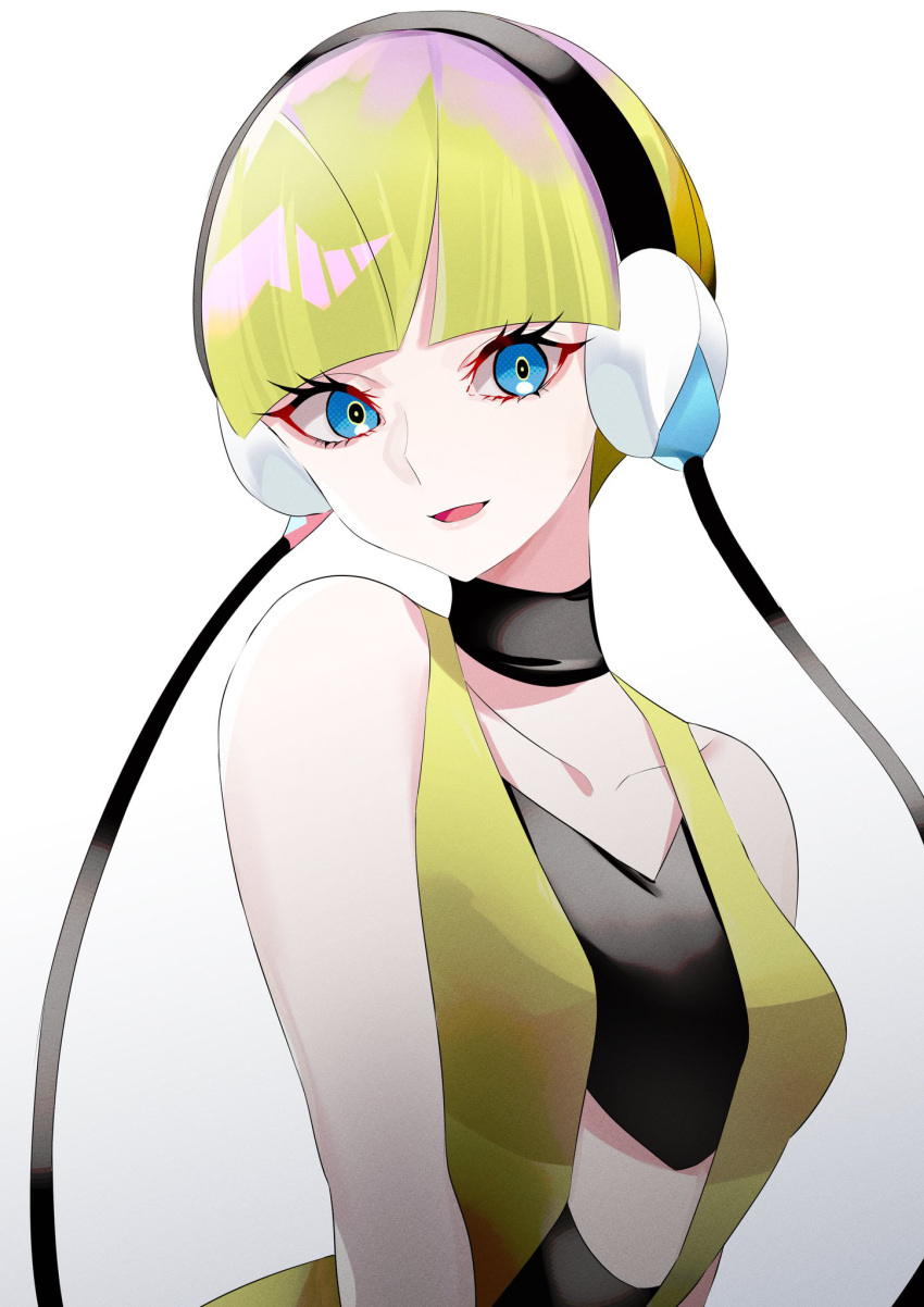 :d bad_id bad_pixiv_id bare_arms bare_shoulders black_choker black_hairband blonde_hair blue_eyes blunt_bangs choker collarbone elesa_(pokemon) female hairband headphones highres looking_at_viewer mikaduki_3636 open_mouth pokemon pokemon_bw2 short_hair simple_background sleeveless smile solo upper_body white_background