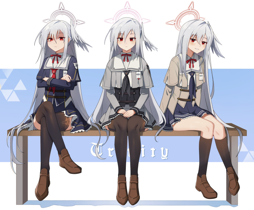 3girls absurdres bench black_socks black_thighhighs blue_archive blue_background brown_footwear brown_jacket colored_shadow commission crossed_arms crossed_legs english_text feathered_wings grey_jacket grey_serafuku halo hands_on_lap happy_birthday head_wings highres jacket kneehighs loafers long_hair long_sleeves looking_at_viewer maaki12 multiple_girls multiple_persona on_bench own_hands_together red_eyes school_uniform second-party_source serafuku shadow shirt shoes single_head_wing sitting sleeves_past_wrists smile socks suzumi_(blue_archive) thighhighs two-tone_background white_background white_hair white_shirt white_wings wings