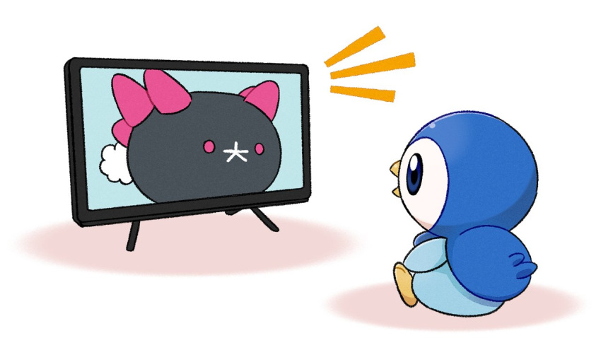 blue_eyes commentary_request no_humans notice_lines official_art open_mouth piplup pokemon pokemon_(creature) project_pochama pyukumuku sitting television toes tongue white_background