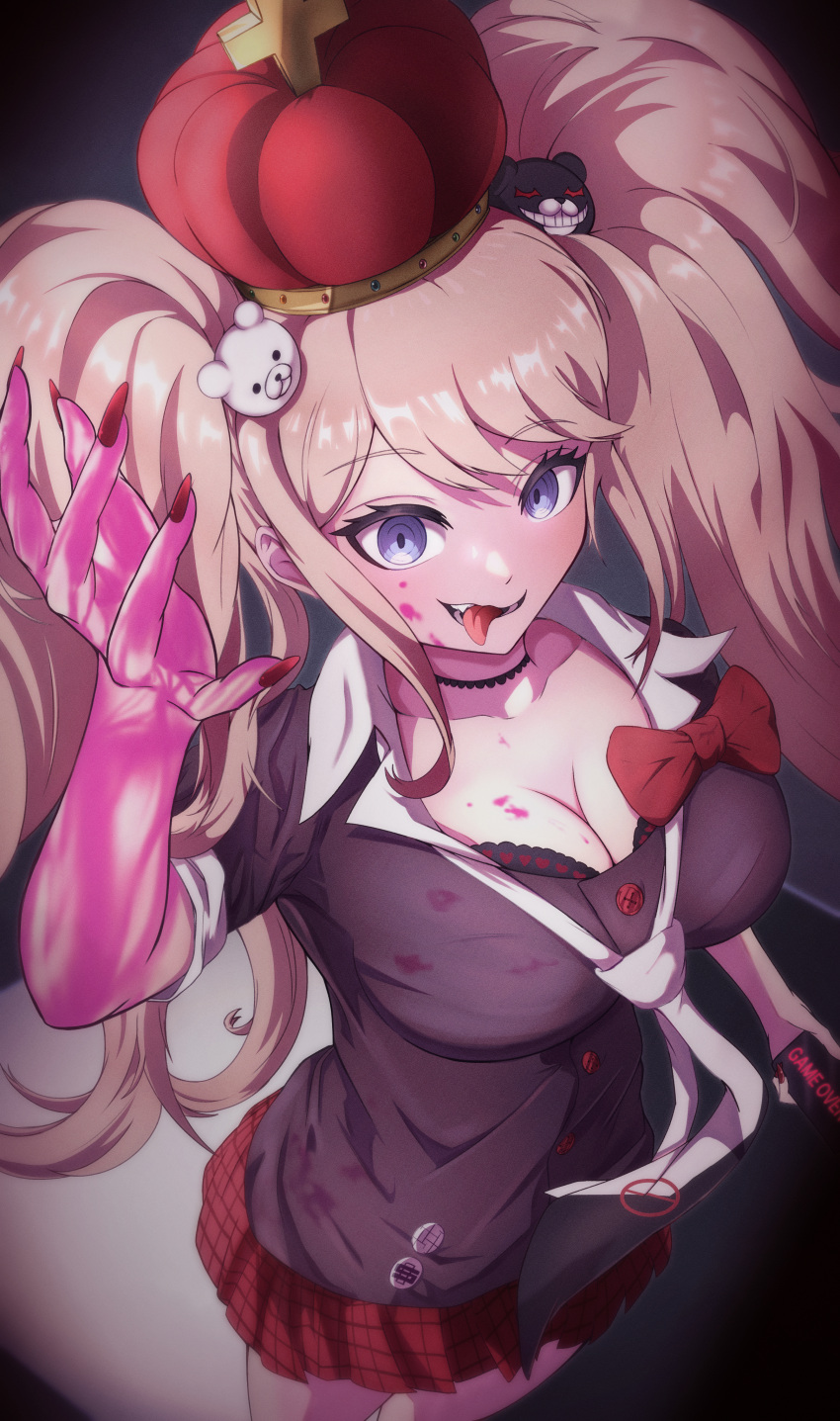 :d absurdres arm_up bear_hair_ornament black_choker black_necktie blonde_hair blood blue_eyes bow breasts choker cleavage collarbone crown danganronpa:_trigger_happy_havoc danganronpa_(series) enoshima_junko female from_above game_over hair_ornament highres kaiju_ryoku large_breasts long_hair looking_at_viewer miniskirt nail_polish necktie oerba_yun_fang pink_blood pink_eyes plaid plaid_skirt red_nails red_skirt shirt skirt smile solo swept_bangs tongue tongue_out twintails two-tone_necktie white_necktie