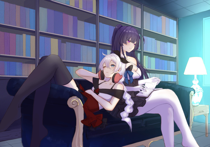 2girls absurdres antenna_hair bare_shoulders black_legwear black_skirt blue_eyes book braid cabinet ceiling closed_mouth couch crossed_legs desk elbow_gloves floor gloves hair_between_eyes headband headphones headphones_around_neck highres holding holding_book honkai_(series) honkai_impact_3rd indoors kiana_kaslana lamp library long_hair lying lying_on_person multiple_girls no_shoes on_back one_eye_closed ponytail purple_eyes purple_hair raiden_mei reading red_skirt shirt sitting skirt table thighhighs twin_braids white_gloves white_hair white_legwear white_shirt yichuanxue