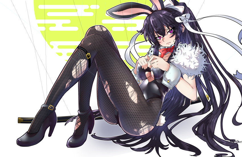 absurdres alternate_costume animal_ears ankle_belt bad_id bad_pixiv_id belt black_belt black_footwear black_hair black_leotard black_pantyhose blush bow bowtie breasts closed_mouth clothing_cutout commentary detached_collar ebora english_commentary fake_animal_ears female fishnet_pantyhose fishnets frown hair_between_eyes hair_ribbon hands_on_own_chest heart_cutout high_heels highleg highleg_leotard highres kanzaki_kaori katana knees_up large_breasts leg_belt leotard long_bangs long_hair long_legs looking_at_viewer ootachi pantyhose playboy_bunny ponytail purple_eyes rabbit_ears red_bow red_bowtie ribbon sheath sheathed shichiten_shichitou simple_background sitting solo strapless strapless_leotard sweatdrop sword toaru_majutsu_no_index torn_clothes torn_pantyhose very_long_hair weapon white_ribbon white_wrist_cuffs wire wrist_cuffs