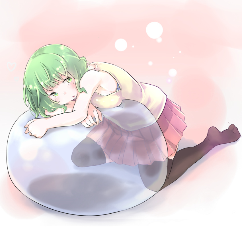 alive_111111 ball bare_arms bare_shoulders black_thighhighs blush breasts commentary_request exercise_ball female full_body green_eyes green_hair head_on_arm kneeling leaning_on_ball light_blush medium_hair no_shoes open_mouth original pastel_colors pleated_skirt red_skirt shirt skirt sleeveless sleeveless_shirt solo thighhighs wavy_hair white_shirt zettai_ryouiki