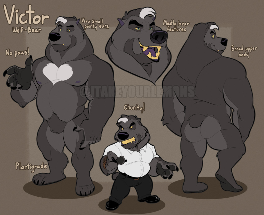 5_fingers anthro bear canid canine canis clothed clothing digital_media_(artwork) english_text fingers fur hair hybrid igiveyoulemons male mammal model_sheet nude open_mouth plantigrade simple_background smile snarling solo standing teeth text tongue victor_(igiveyoulemons) watermark wolf