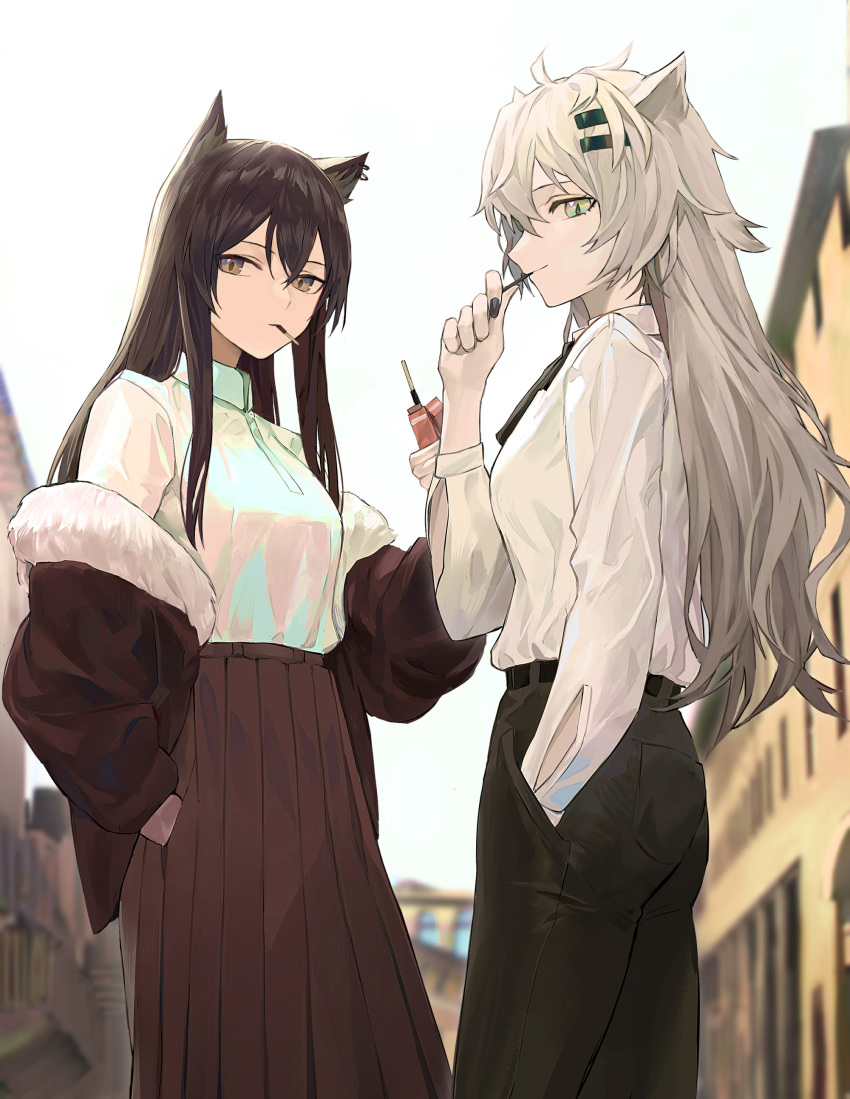 2girls absurdres alternate_costume animal_ears arknights ass belt black_hair black_nails black_pants black_ribbon blurry blurry_background breasts brown_jacket brown_skirt casual closed_mouth collared_shirt commentary cowboy_shot day dress_shirt earrings eating food from_side fur-trimmed_jacket fur_trim grey_hair hair_between_eyes hair_ornament hairclip hand_in_pocket highres jacket jewelry koio lappland_(arknights) long_hair long_skirt long_sleeves looking_at_viewer medium_breasts messy_hair mouth_hold multiple_girls nail_polish neck_ribbon off_shoulder outdoors pants pleated_skirt pocky profile ribbon shirt sidelocks skirt smile straight_hair texas_(arknights) white_shirt wolf_ears yellow_eyes