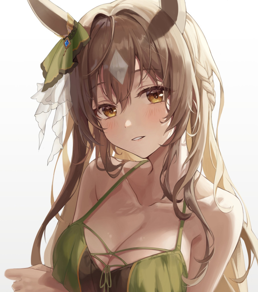 aibek animal_ears bad_id bad_twitter_id bikini braid breasts brown_hair cleavage collarbone ear_ornament ear_ribbon female gradient_background green_bikini green_ribbons grey_background hair_between_eyes half_updo highres horse_ears horse_girl long_hair looking_at_viewer medium_breasts ribbon satono_diamond_(umamusume) solo swimsuit umamusume upper_body