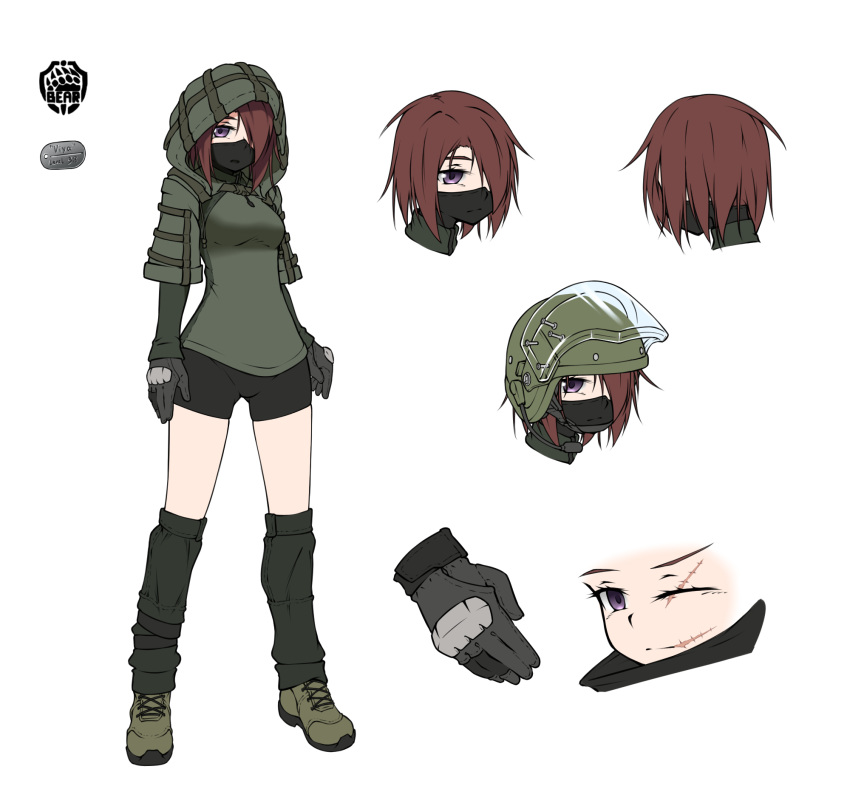 armedshipyard bike_shorts black_gloves black_shorts escape_from_tarkov female full_body gloves green_hoodie hair_over_one_eye helmet highres hood hoodie long_sleeves mask medium_hair mouth_mask multiple_views original purple_eyes red_hair reference_sheet scar scar_across_eye scar_on_face scar_on_mouth shoes short_shorts shorts simple_background socks white_background