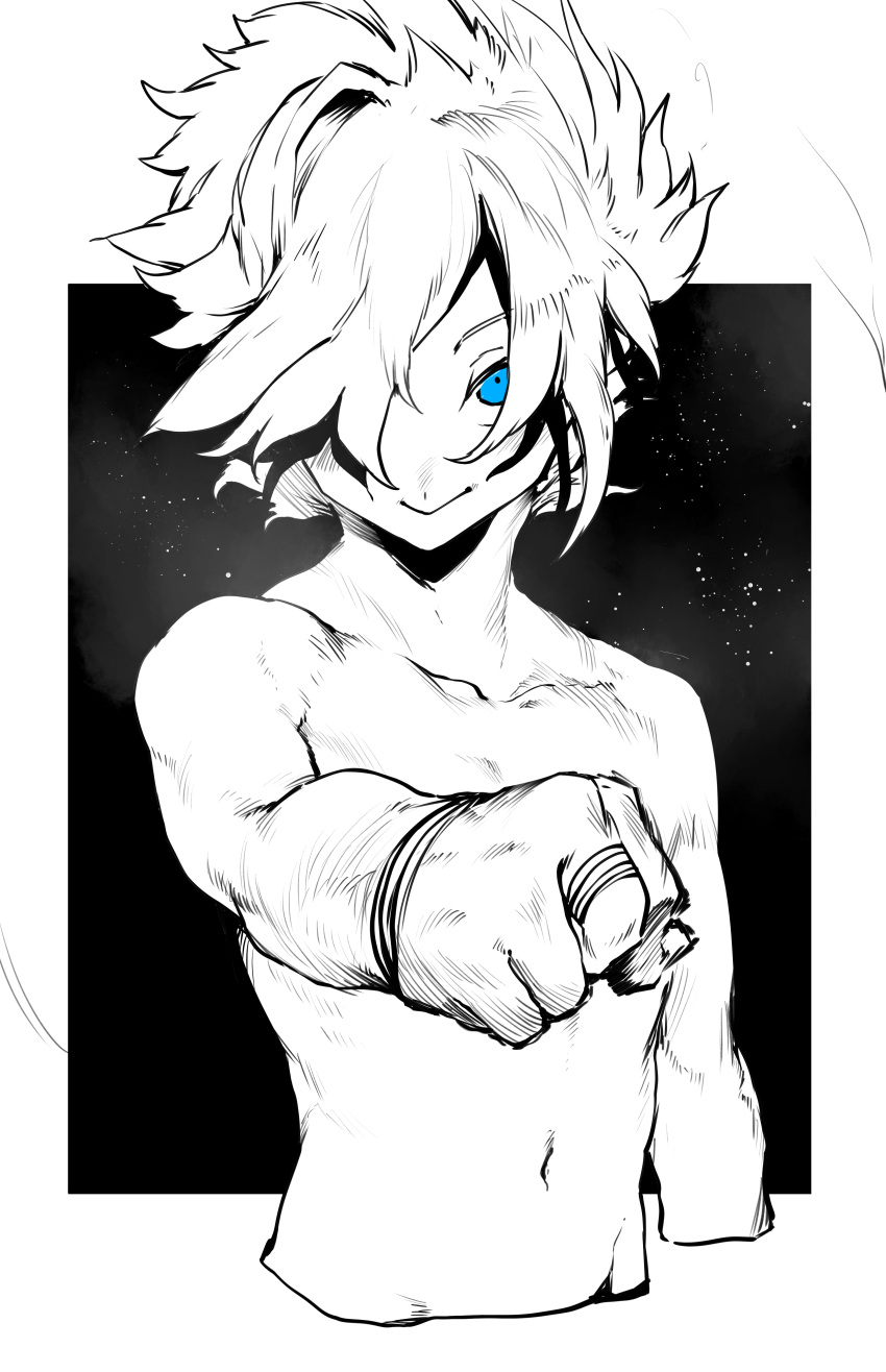 1boy absurdres bandaged_hand bandages blue_eyes clenched_hand closed_mouth cropped_torso euros_(niwarhythm) eye_focus hair_over_one_eye highres incoming_fist_bump looking_at_viewer male_focus navel niwarhythm one_eye_covered original short_hair smile solo spot_color topless_male upper_body